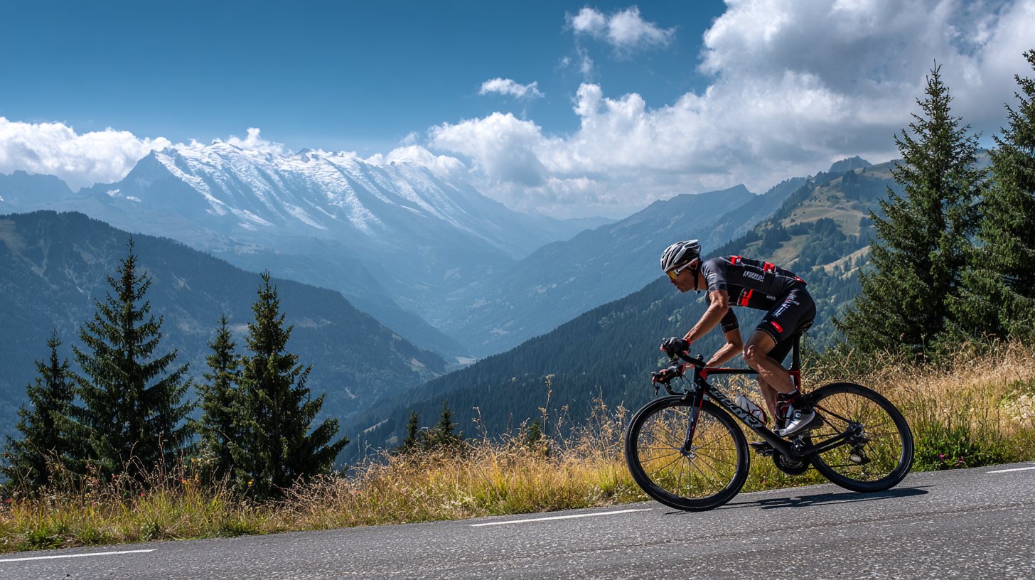 Cyclist climbing a mountain road below snow-capped peaks
