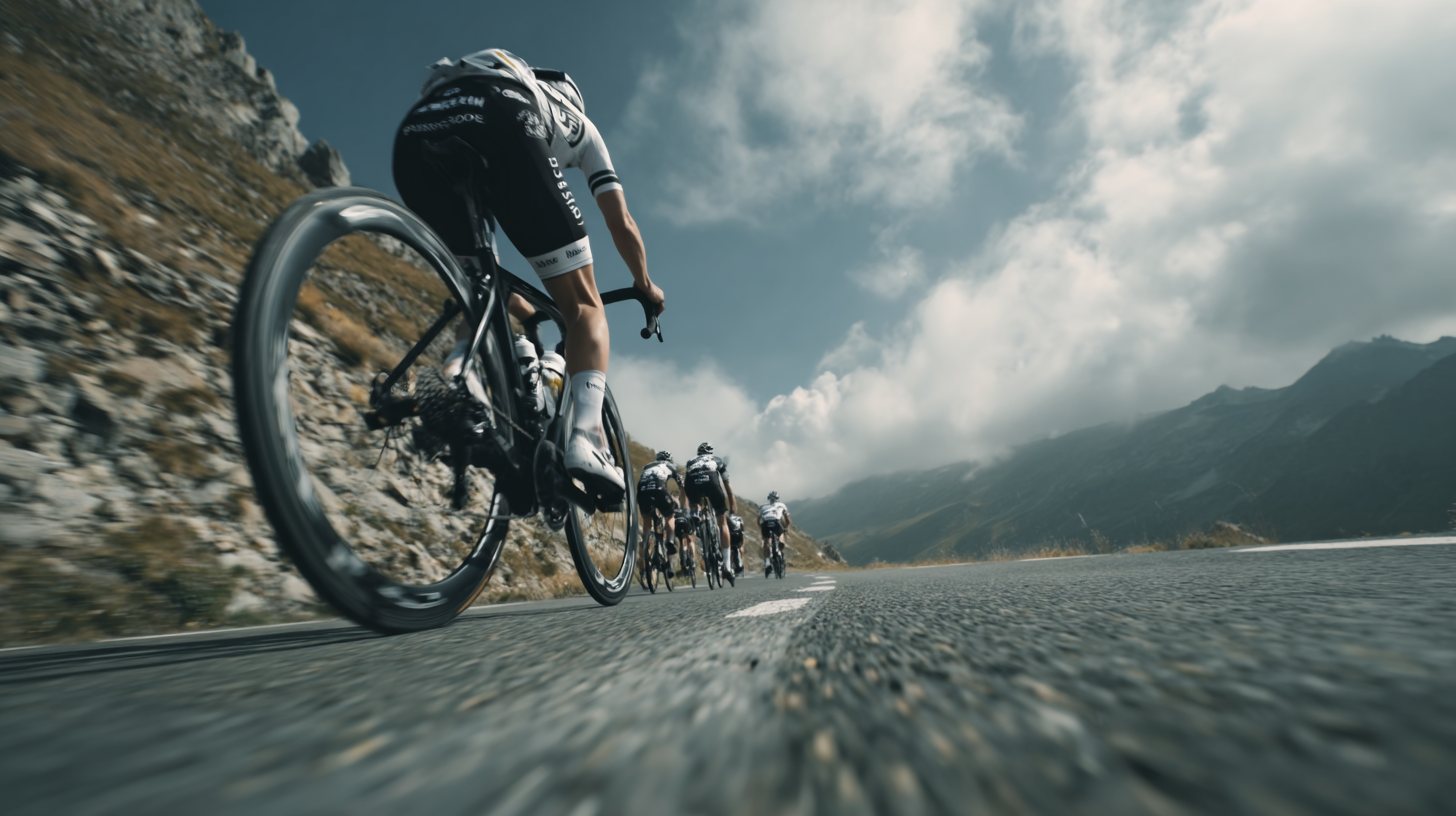 Low view of road cyclists racing down a mountain pass