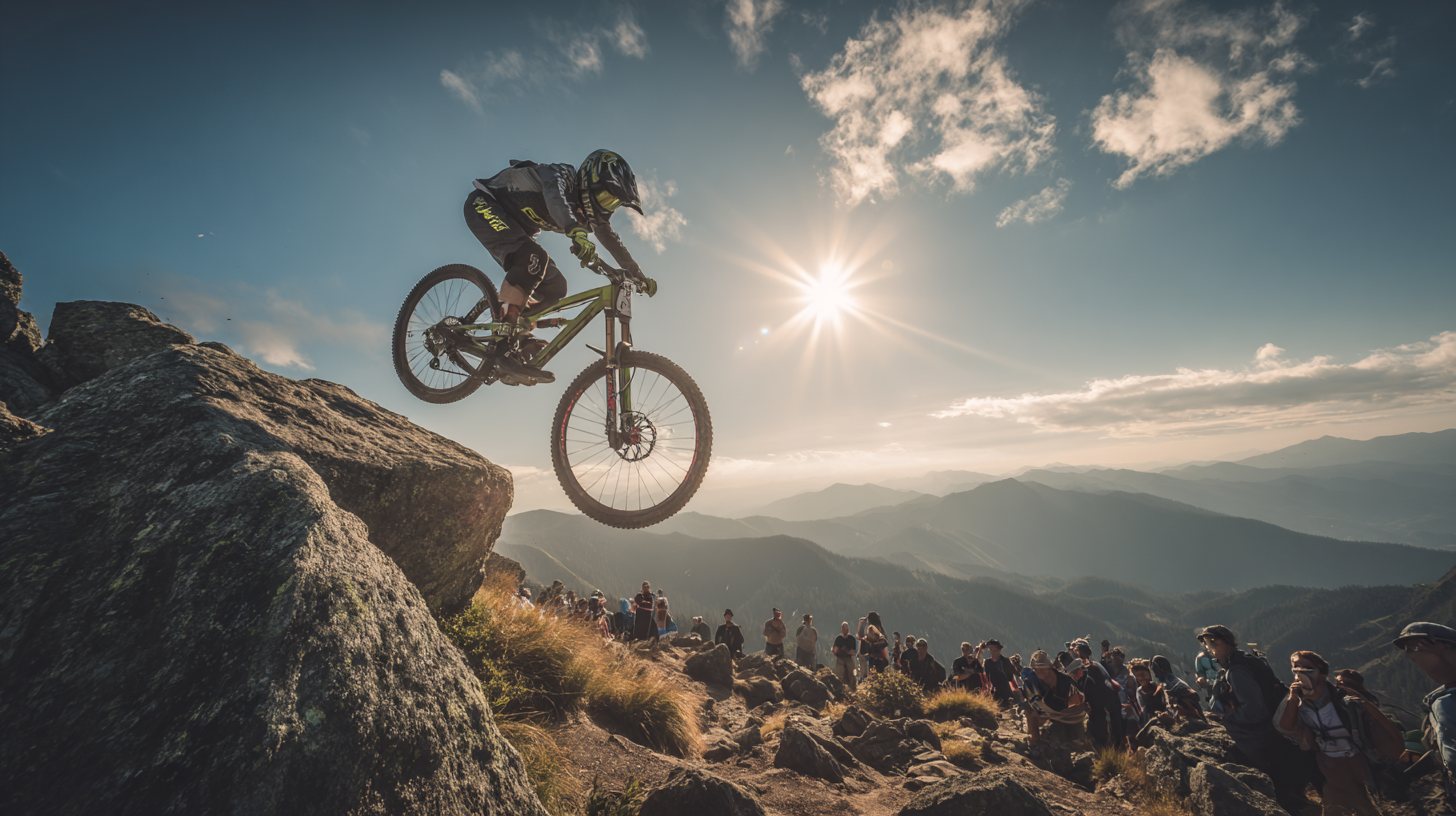 Mountain biker jumping off a rock ledge above a crowd of spectators